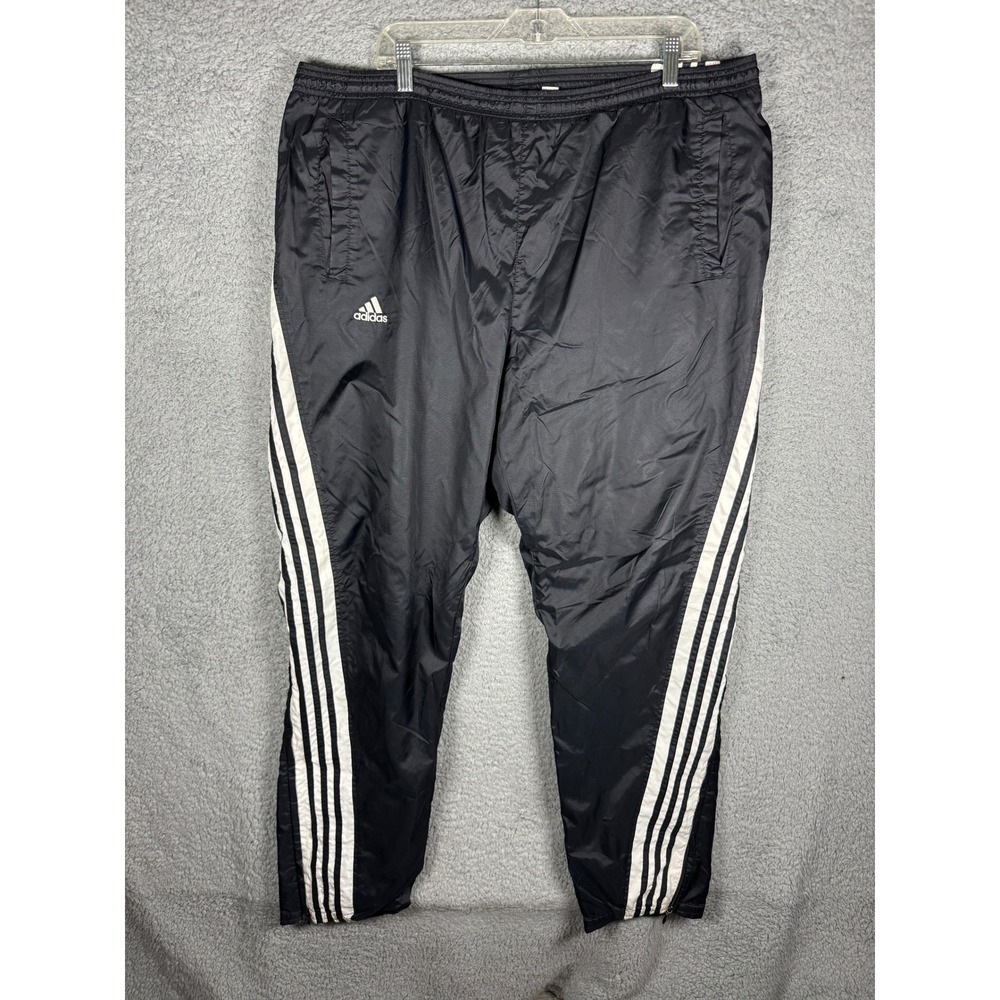 Y2K Adidas Mens Vintage Black White 3 Stripe Nylon Windbreaker Track Pants Large